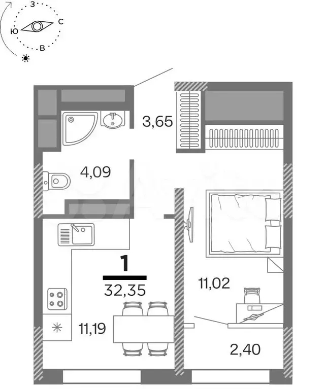 1-к. квартира, 32,4 м, 2/25 эт. - Фото 1