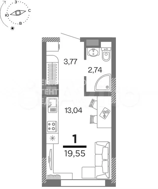 Квартира-студия, 19,6 м, 2/16 эт. - Фото 1