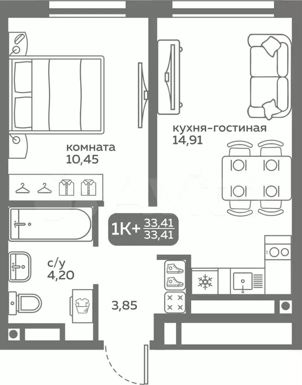 1-к. квартира, 33,4 м, 10/20 эт. - Фото 0