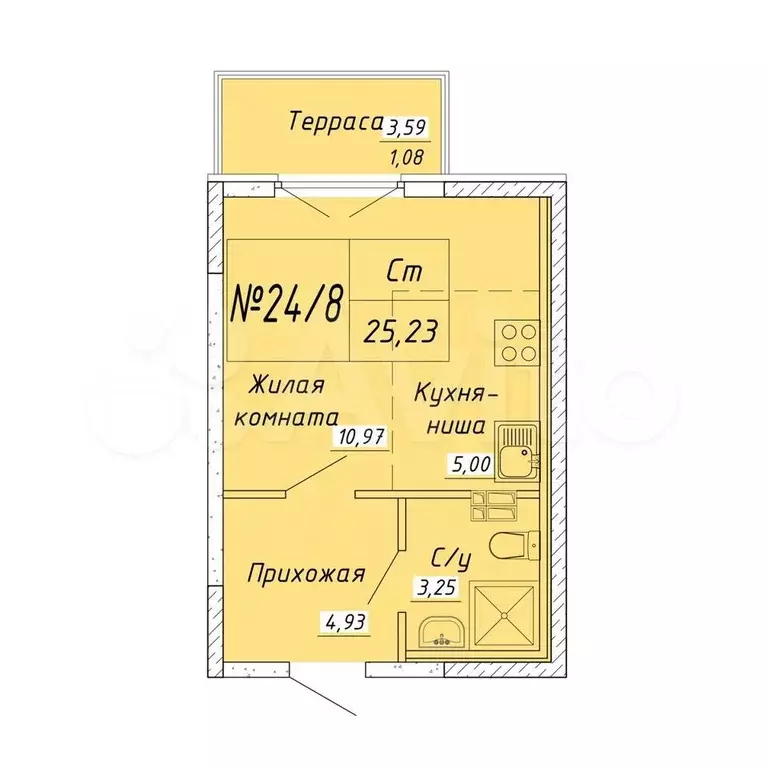 Квартира-студия, 25,2 м, 5/5 эт. - Фото 1