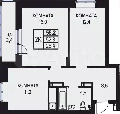 2-к. квартира, 55,2м, 10/16эт. - Фото 0