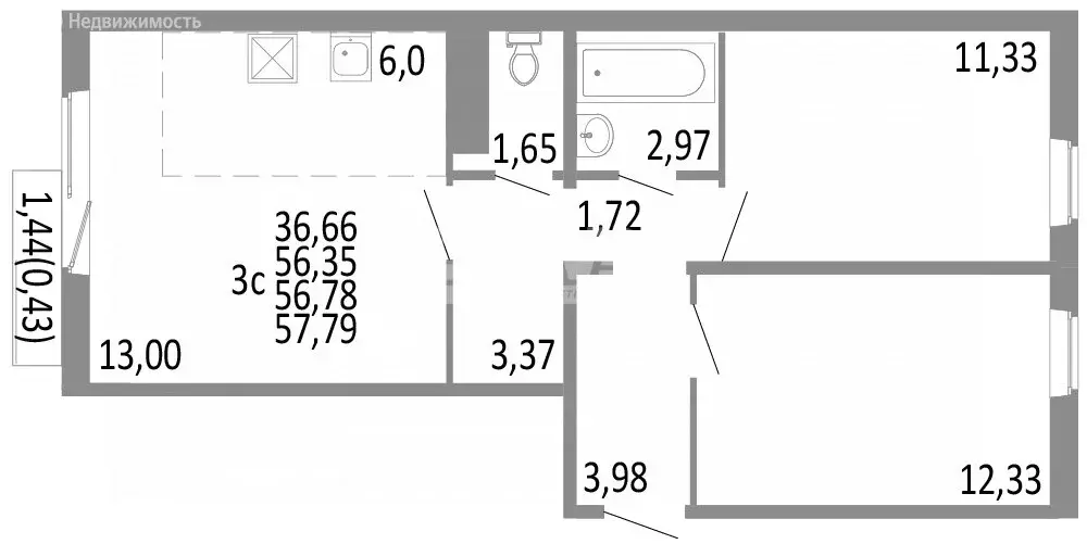 3-комнатная квартира: Челябинск, улица Блюхера, 125Б (56.78 м) - Фото 0