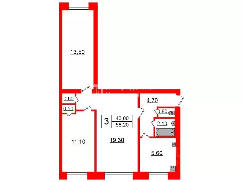 3-к кв. Санкт-Петербург просп. Мечникова, 10 (58.2 м) - Фото 1