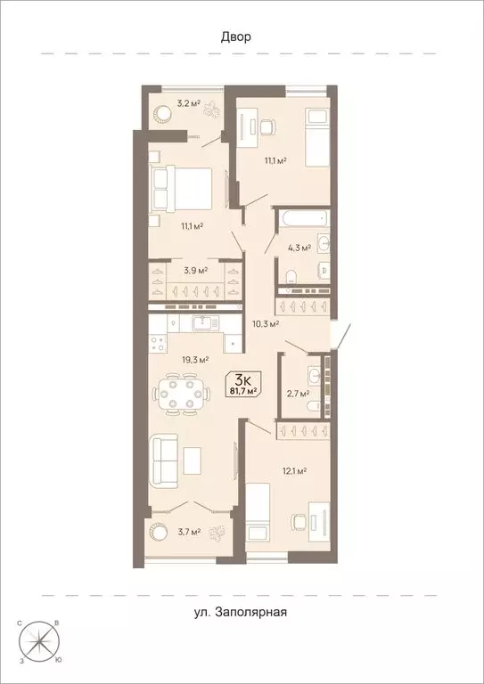 3-комнатная квартира: Тюмень, Заполярная улица, 3 (81.7 м) - Фото 0