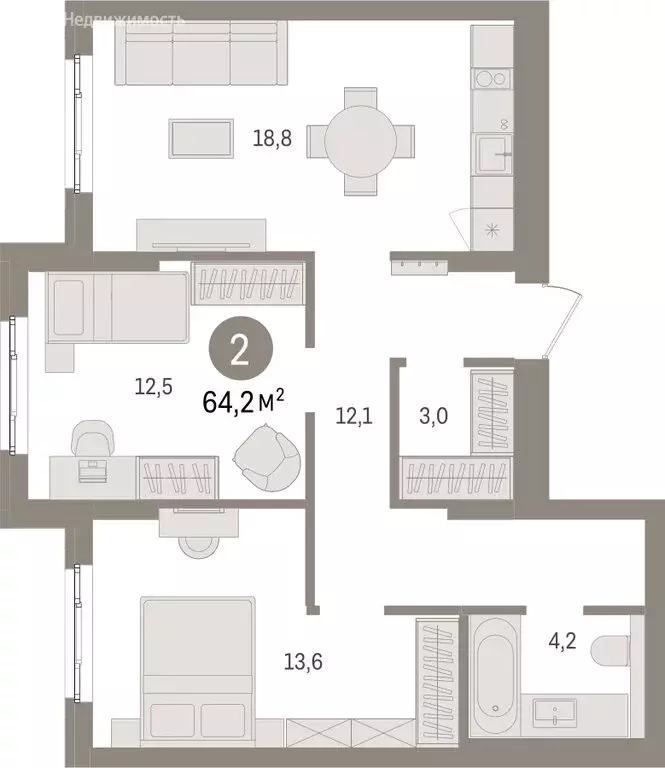 2-комнатная квартира: Новоселье, ЖК Брусника (64.16 м) - Фото 0