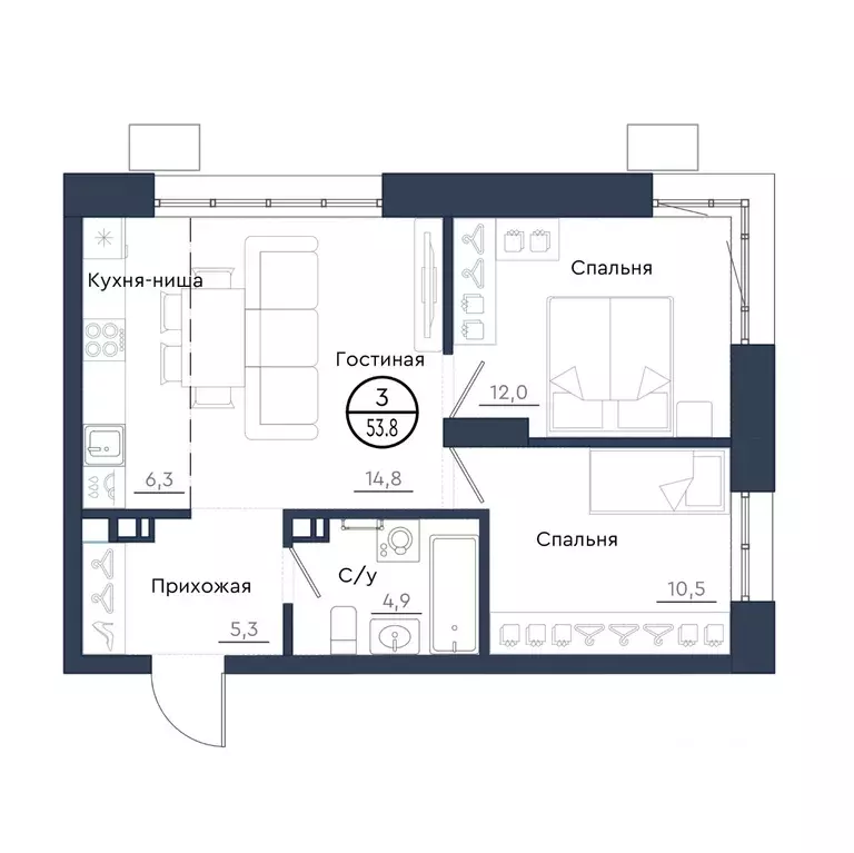 3-к кв. Красноярский край, Красноярск Чижи жилой комплекс (53.8 м) - Фото 1