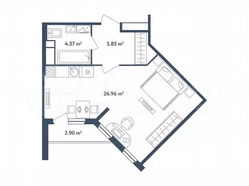 Квартира-студия, 38,6м, 2/4эт. - Фото 0