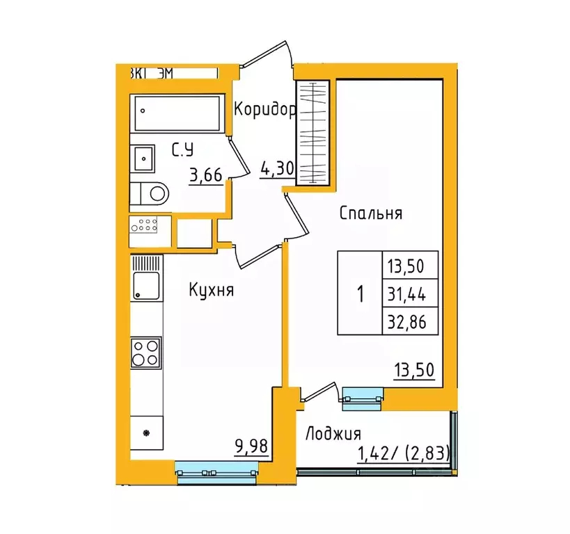 1-к кв. Башкортостан, Уфа ул. Валерия Лесунова, 18 (32.73 м) - Фото 1