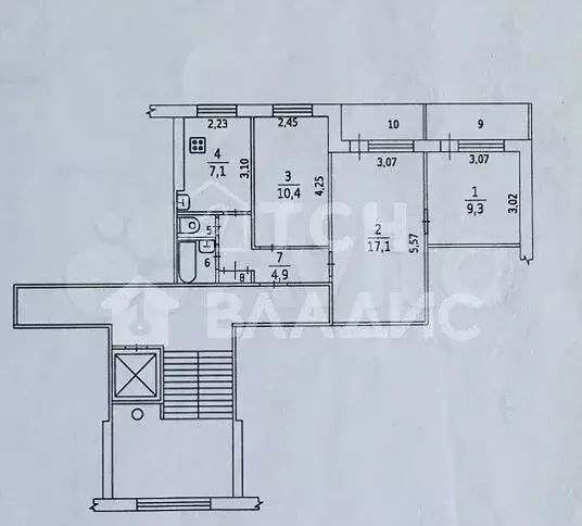3-к. квартира, 56,9 м, 8/9 эт. - Фото 0
