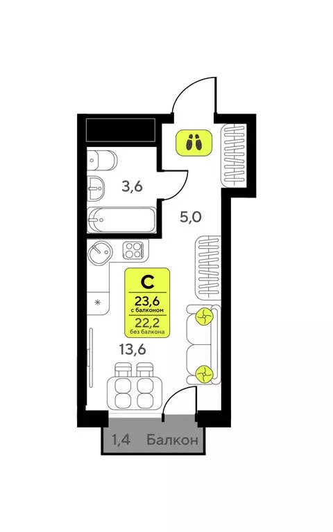 Квартира-студия: Тюмень, улица Андрея Приказнова, 7 (23.6 м) - Фото 1