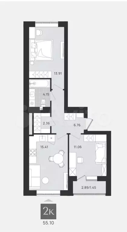 2-к. квартира, 55,1 м, 5/9 эт. - Фото 1