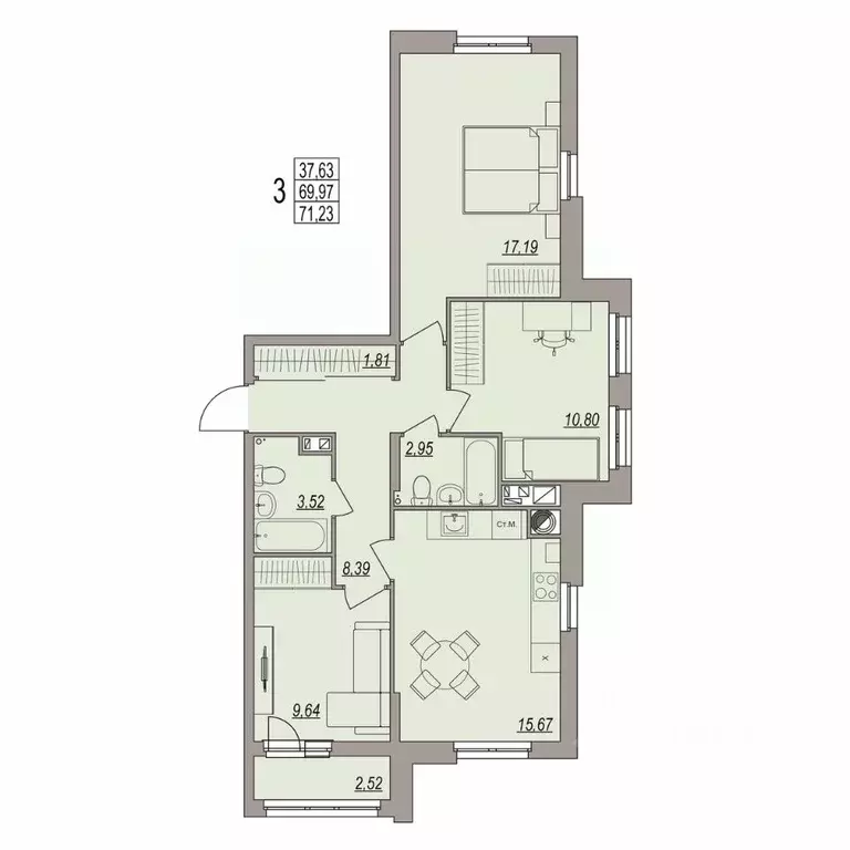 3-к кв. Волгоградская область, Волгоград ул. Дымченко, 9 (71.23 м) - Фото 1