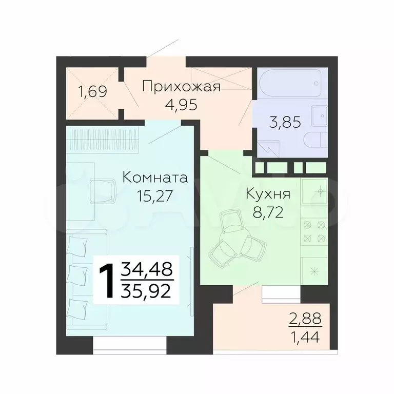 1-к. квартира, 35,9 м, 15/18 эт. - Фото 0