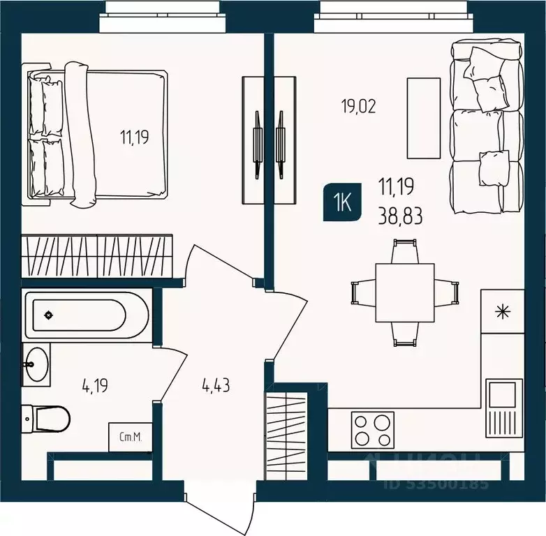 1-к кв. Тюменская область, Тюмень  (38.83 м) - Фото 1