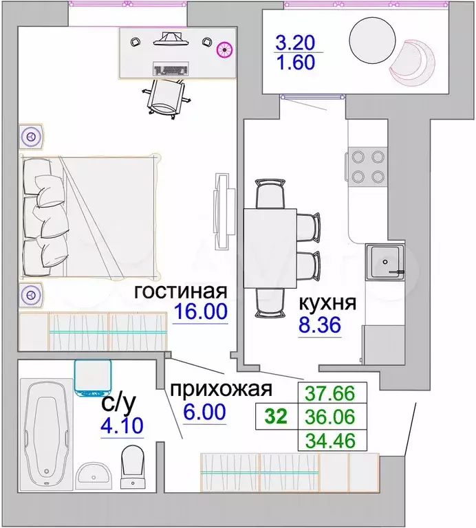 1-к. квартира, 36,4 м, 9/9 эт. - Фото 1