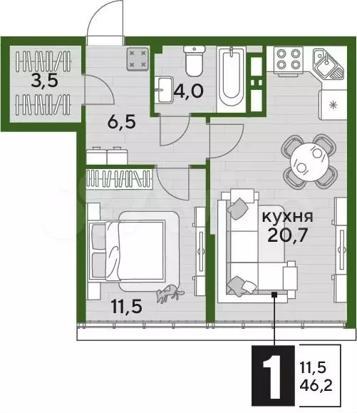 1-к. квартира, 46,2м, 16/16эт. - Фото 1