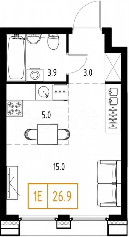 1-к. квартира, 26,9м, 6/9эт. - Фото 1