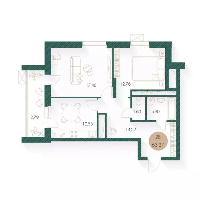 2-к кв. Татарстан, Казань Родины мкр, Наследие жилой комплекс (63.37 ... - Фото 1