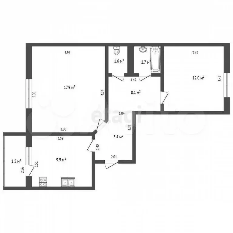 2-к. квартира, 55,9 м, 3/9 эт. - Фото 0