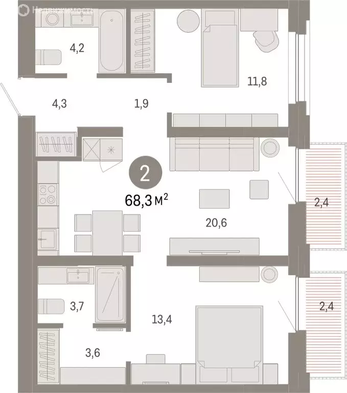 2-комнатная квартира: Тюмень, Мысовская улица, 26к2 (68.33 м) - Фото 1