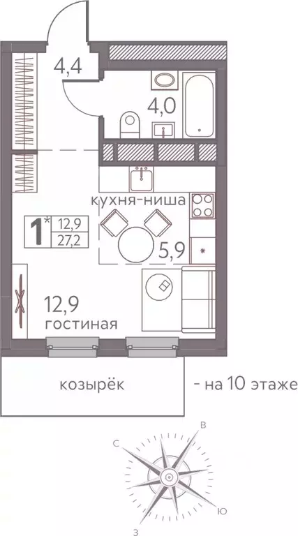 Студия Пермский край, Пермь ул. Серебристая, 3 (27.2 м) - Фото 1