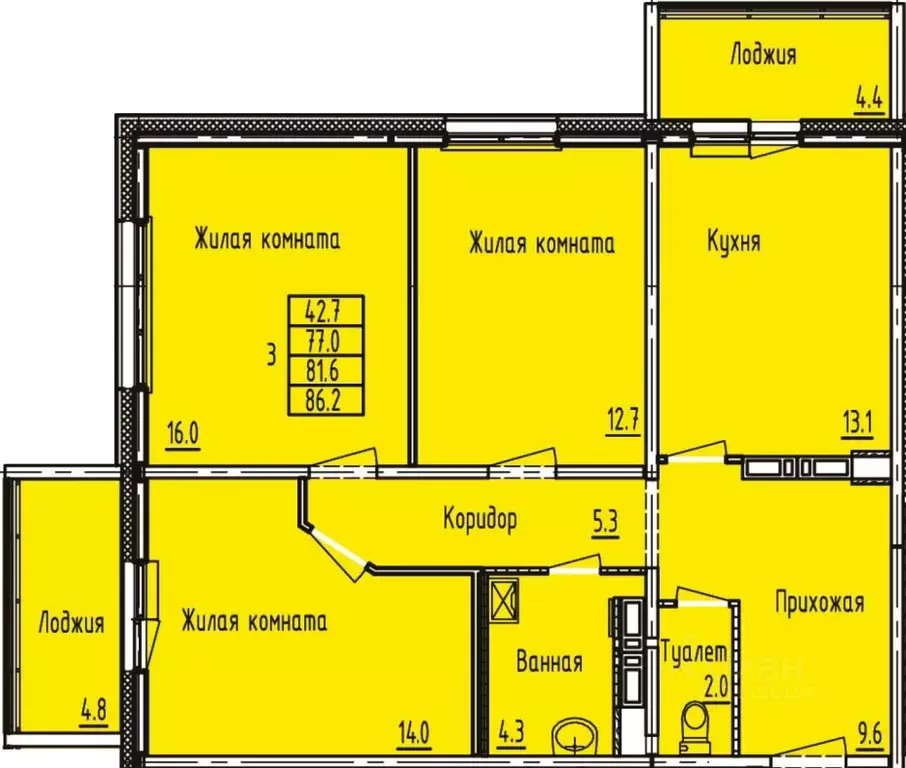 3-к кв. Татарстан, Зеленодольск просп. Строителей, 34А (86.2 м) - Фото 1