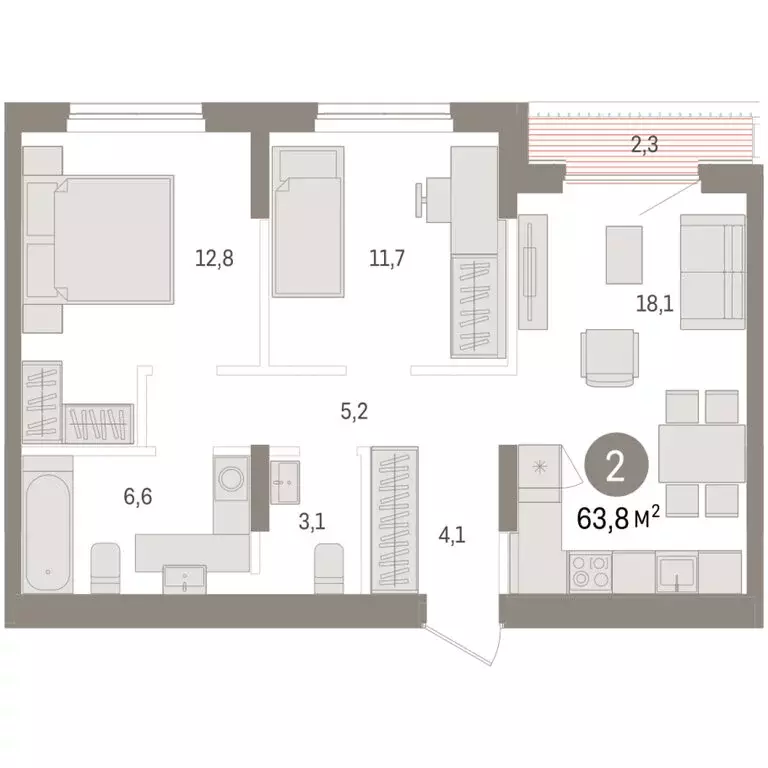 2-комнатная квартира: Новосибирск, улица Аэропорт, 90 (63.77 м) - Фото 2