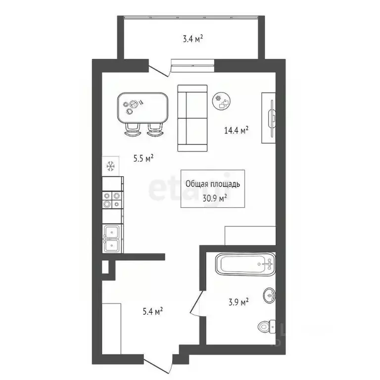 Студия Новосибирская область, Новосибирск ул. Коминтерна, 89 (30.9 м) - Фото 2