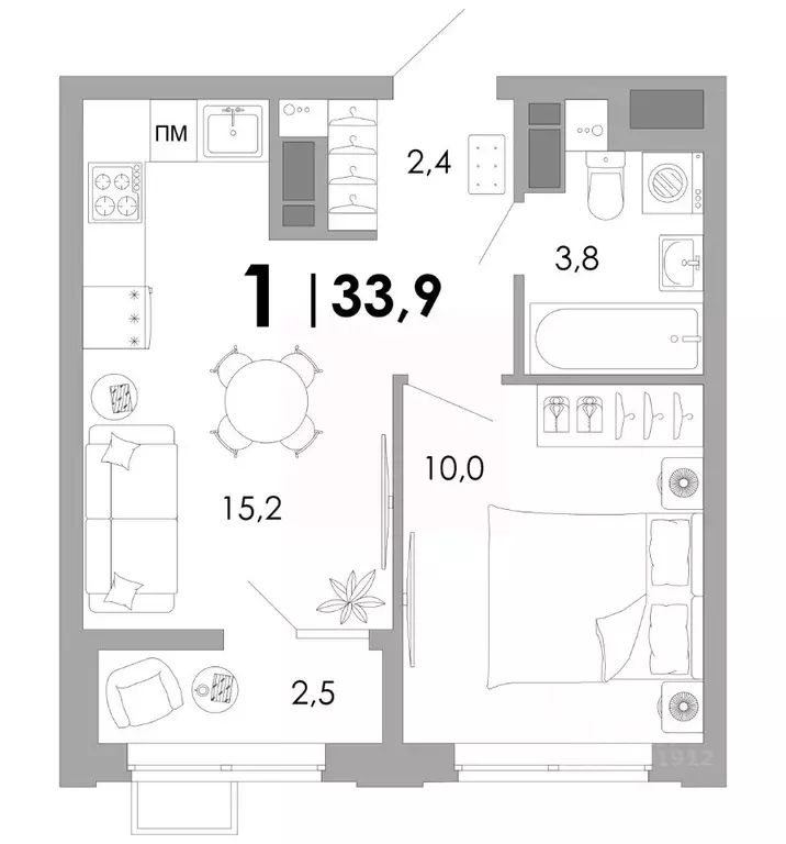 1-к кв. Владимирская область, Владимир Уно жилой комплекс (33.9 м) - Фото 1