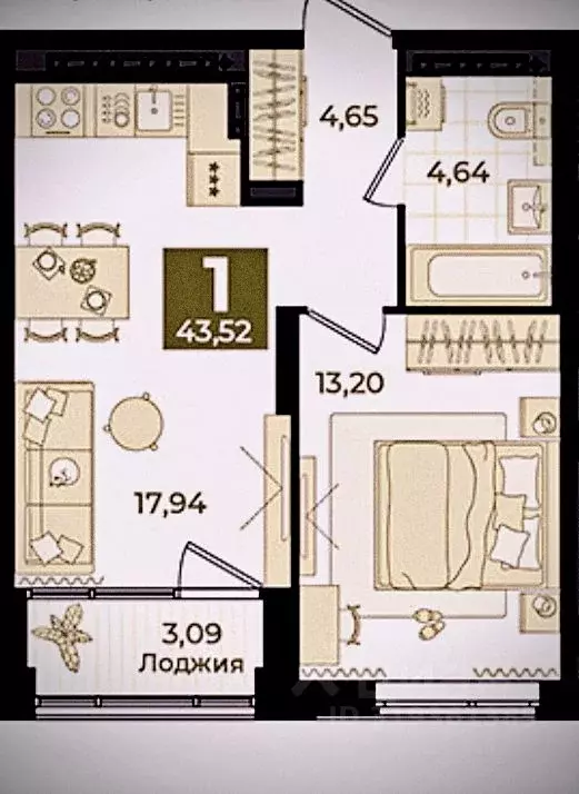 1-к кв. Свердловская область, Екатеринбург ул. Блюхера, 26 (43.52 м) - Фото 1