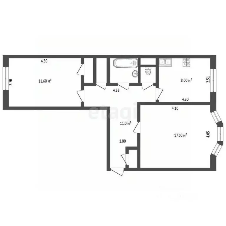 2-к кв. Ямало-Ненецкий АО, Новый Уренгой Железнодорожная ул., 44 (59.4 ... - Фото 2