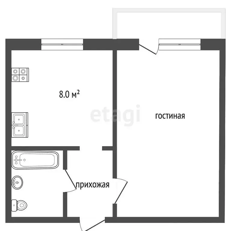 Квартира, 1 комната, 30.9 м - Фото 1