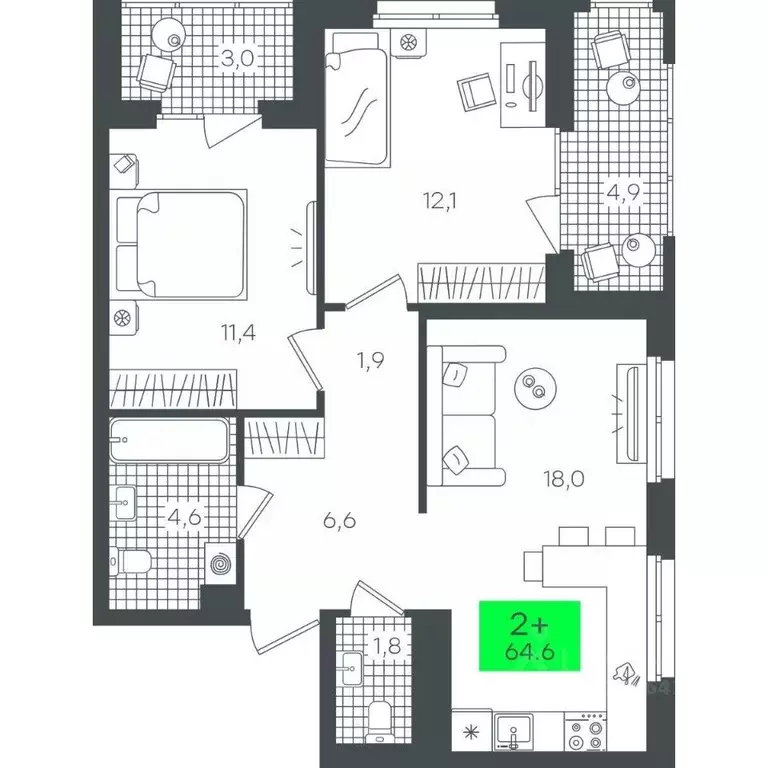 2-к кв. Тюменская область, Тюмень ул. Василия Малкова, 19 (64.66 м) - Фото 0