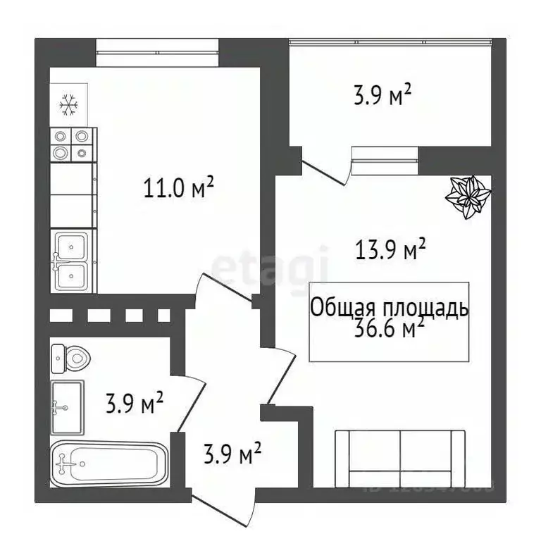 1-к кв. Новосибирская область, Новосибирск Тайгинская ул., 39 (36.6 м) - Фото 1