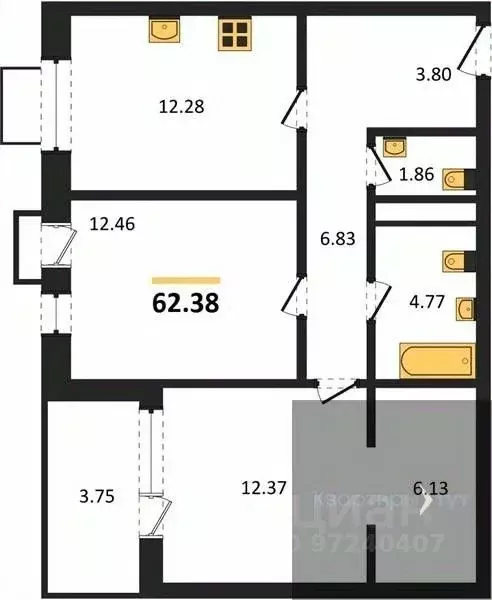 2-к кв. Воронежская область, Воронеж наб. Чуева, 7 (62.38 м) - Фото 0