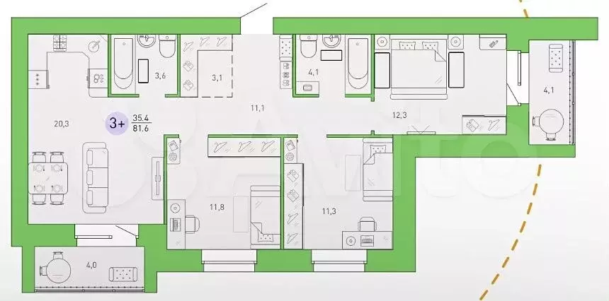 3-к. квартира, 81,6 м, 2/9 эт. - Фото 0