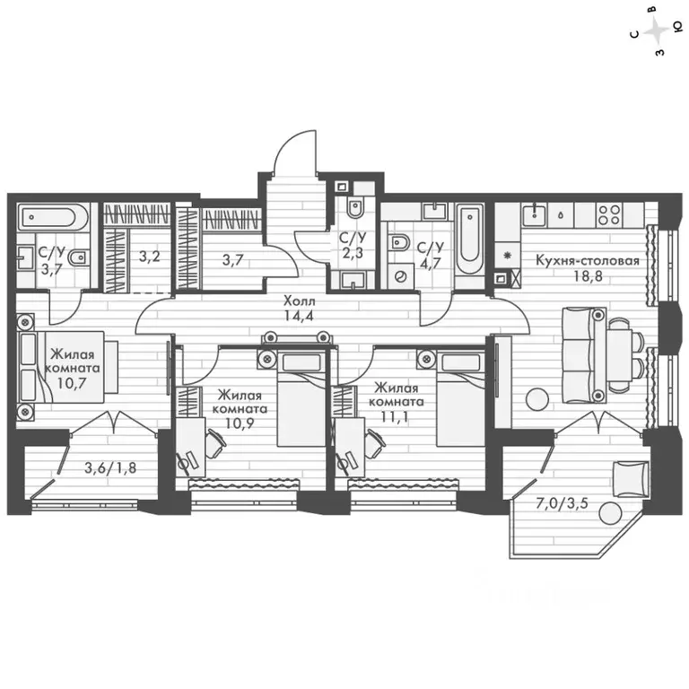 3-к кв. Нижегородская область, Нижний Новгород Черниговская ул. (85.8 ... - Фото 2