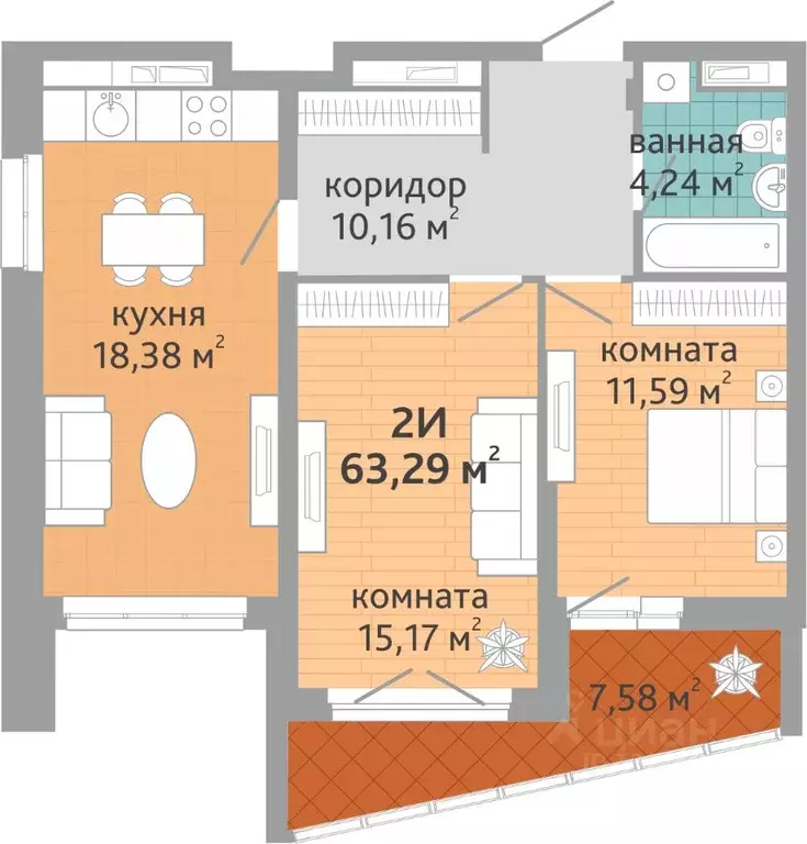 2-к кв. Свердловская область, Екатеринбург ул. Коперника, 33 (63.29 м) - Фото 1