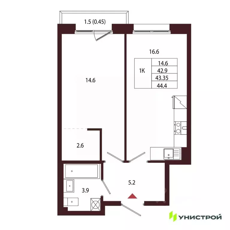 Квартира, 1 комната, 43.35 м - Фото 1