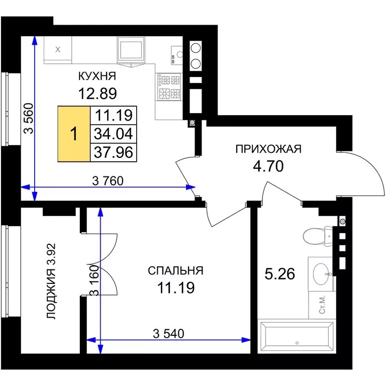 1-комнатная квартира: Гурьевск, жилой комплекс Включи (37.96 м) - Фото 0