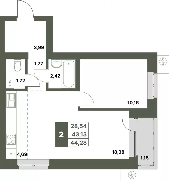 2-комнатная квартира: Уфимский район, село Миловка (44.28 м) - Фото 0