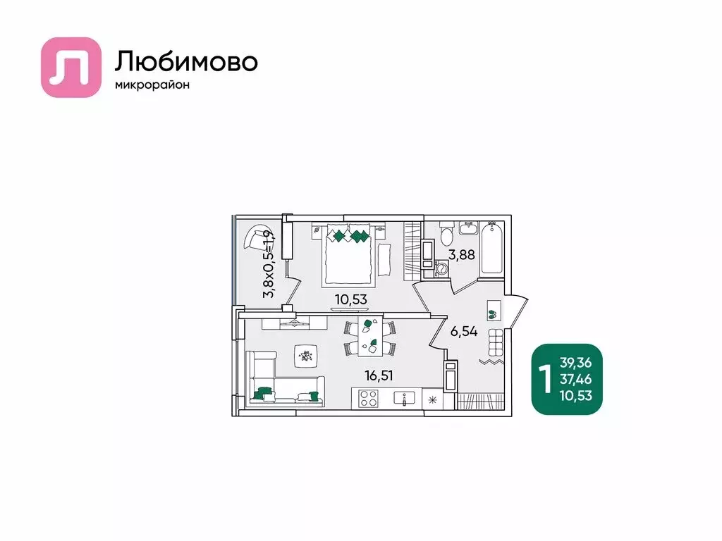 1-комнатная квартира: Краснодар, микрорайон Любимово, 16 (39.36 м) - Фото 0