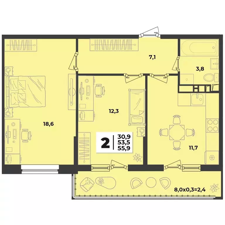 2-к кв. Краснодарский край, Краснодар  (55.9 м) - Фото 0