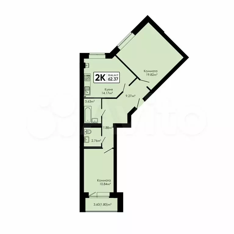 2-к. квартира, 62,4 м, 1/4 эт. - Фото 0