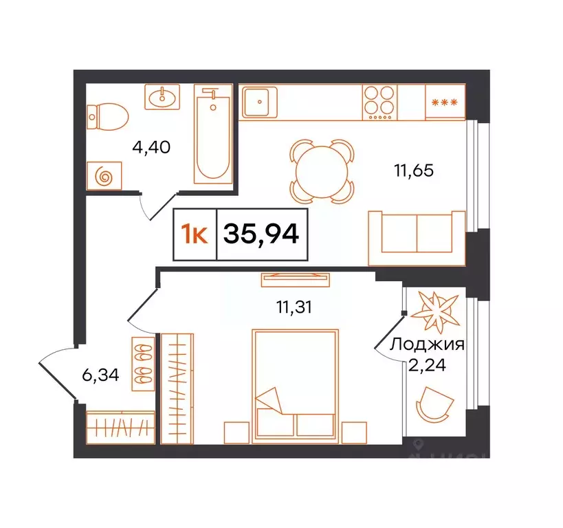 1-к кв. Тюменская область, Тюмень Полевая ул., 117к12 (35.94 м) - Фото 0