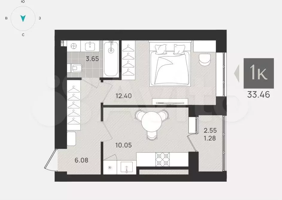 1-к. квартира, 33,5 м, 3/9 эт. - Фото 1
