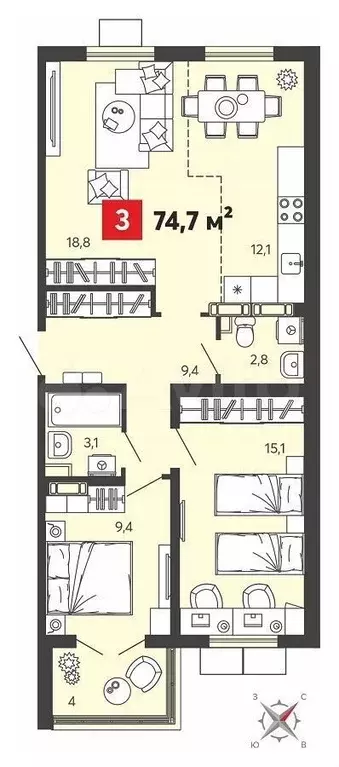 2-к. квартира, 74,7 м, 12/12 эт. - Фото 0