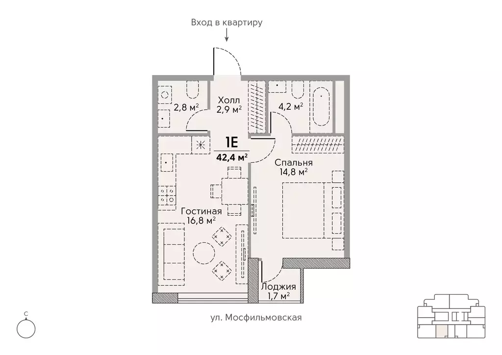 1-к квартира, 42.4 м - Фото 0