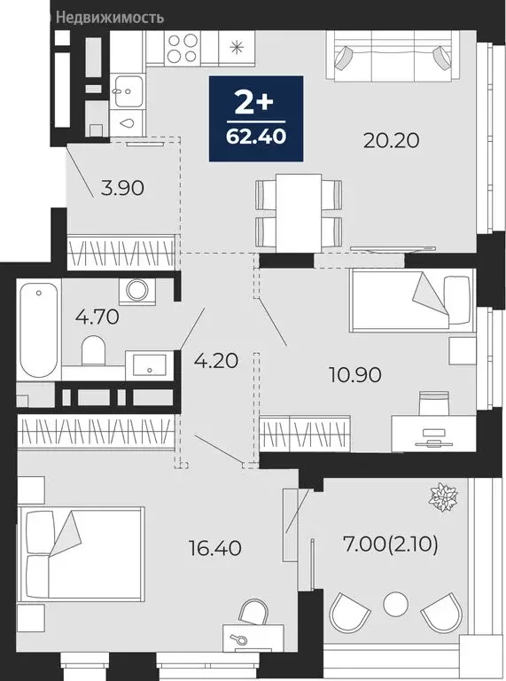 2-комнатная квартира: Тюмень, улица Пожарных и Спасателей, 2 (62.4 м) - Фото 1