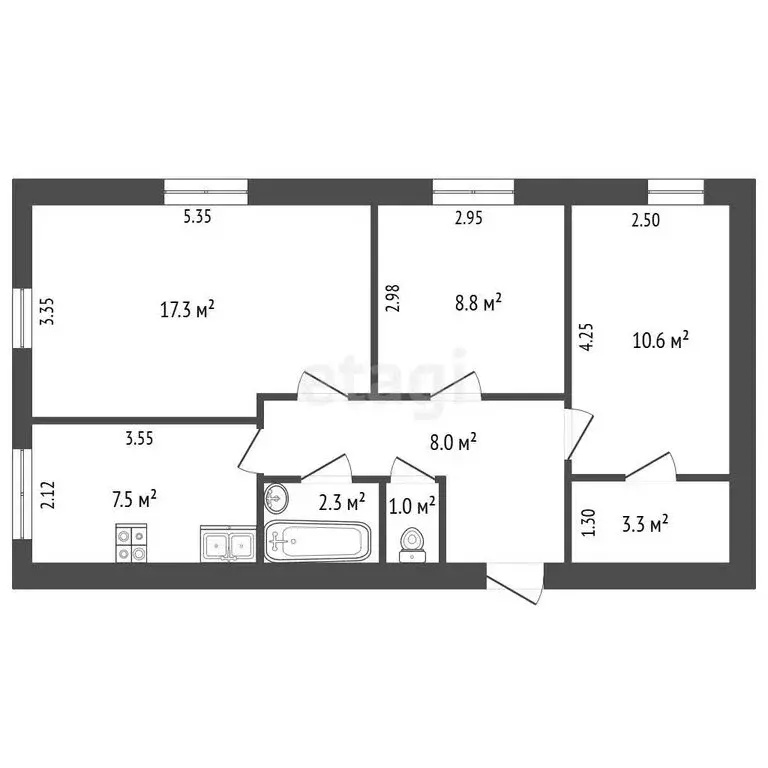 3-комнатная квартира: село Георгиевка, улица Ленина, 5 (59.8 м) - Фото 1